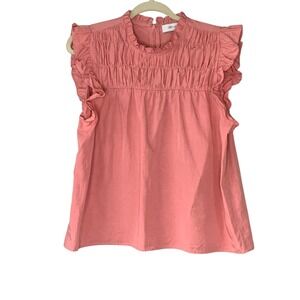 Greylin salmon coral smocked neckline/ bust w flutter‎ ruffle cap sleeve. Size L